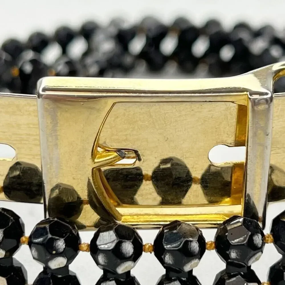 Black Beaded Belt Gold Tone Buckle Statement Small (S) ✨
